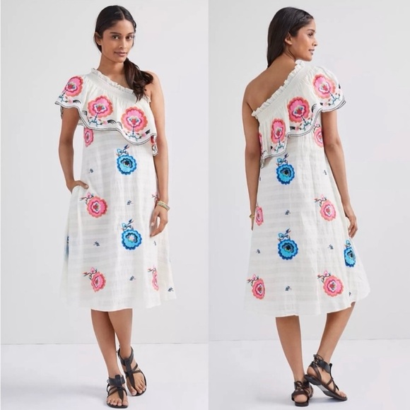 Anthropologie Plenty Tracy Reese Embroidered One Shoulder Tiered Midi Dress Sz L - Picture 1 of 9